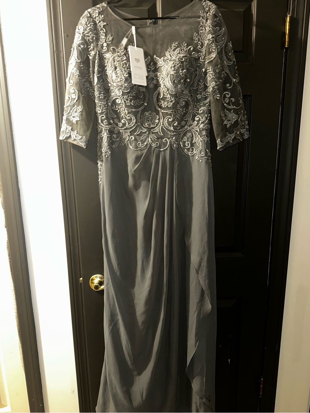 JJs House Steel Grey Embroidered Lace Evening Gown